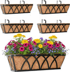 Window Deck Railing Planters Boxes with Coconut Liner, The Bottom Flat Window Boxes Planters Flower Boxes Metal Black Balcony Planter Railing Hanging for Outdoor Fence Porch Patio Lawn(4Pcs 30 Inch)