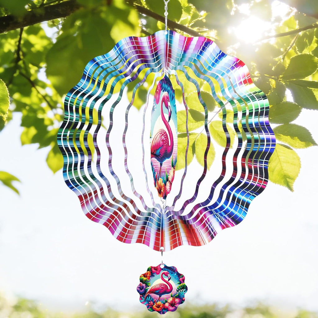 Flamingo Wind Spinner Outdoor - 12 Inch Hawaiian Style 3D Tropical Hanging Decor, Colorful Floral Iron Spinner Gift for Women, Kinetic Wind Art Ornament for Garden Yard Patio Balcony