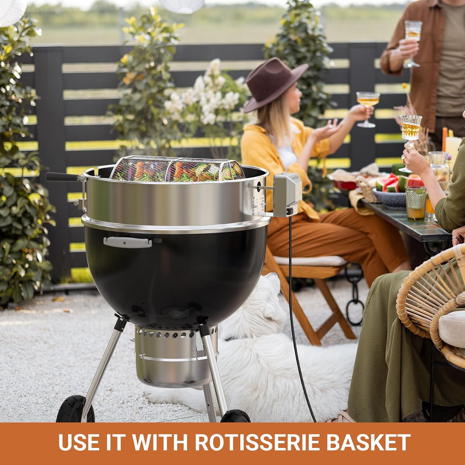 onlyfire Upgrade Stainless Steel Rotisserie Ring Kit for Weber 22-inch Kettle Charcoal Grills, Comes with Charcoal Baskets and 10 Pack Drip Pans | With 2 Charcoal Baskets and 10 Pack Drip Pans