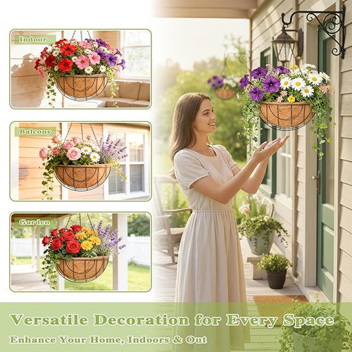 4 Pack 14 Inch Hanging Baskets for Plants Outdoor Metal Hanging Planter Hanging Flower Baskets with Coco Fiber Liners Chain Round Wire Plant Holder Hanging Flower Pots(Flower Border)