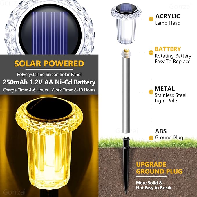 Solar Lights Outdoor 10 Pack Solar Pathway Lights Outdoor LED Waterproof Stainless Steel Driveway Lighting for Outdise, Yard, Walkway, Sidewalk, Garden, Lawn (Warm White)