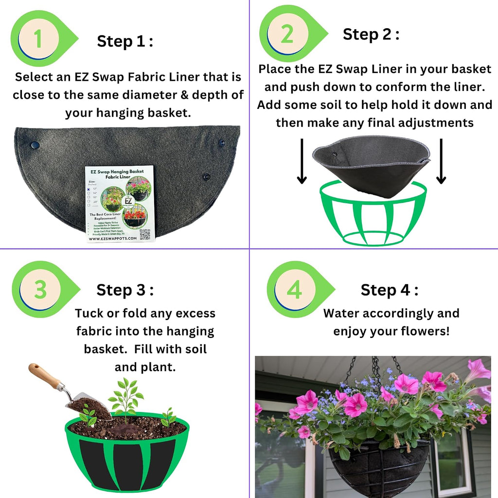 14" Reusable Hanging Basket Liner – Fabric Coco Liner Replacement for Wire Baskets, Bird Proof Moisture Retaining Planter Insert, EZ Swap Pots USA Made (2-Pack)
