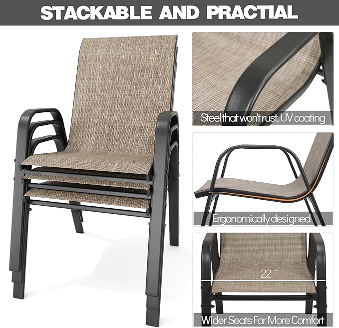 Patio Chairs Set of 6, Stackable Outdoor Dining Chairs for All Weather Textilene Fabric & Metal Frame, Outdoor Chairs Set for Backyard Deck Garden