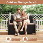 RELAX4LIFE Wicker Outdoor Storage Bench, Rattan Deck Box w/Protective Liner for Patio Furniture Pillows & Garden Tools, Porch Loveseat with Seat Cushion, Acacia Wood Armrests (Black-Beige)
