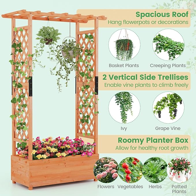 Giantex 2 Pcs Raised Garden Bed with Trellis & Hanging Roof, Wood Planter Box with Bottom & Drainage Holes, Freestanding Garden Planter for Flower Vegetable Fruit Herb Climbing Vines, 43.5"x17.5"x72"