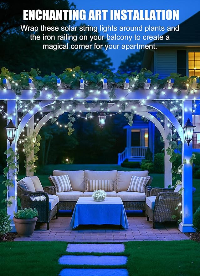 Minetom Solar String Lights for Outside, 33Ft 100 LED Outdoor Solar Fairy Lights, 8 Modes Balcony Lights for Tree Patio Christmas Party Wedding Decor (Pure White)