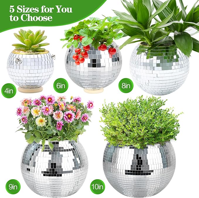 Disco Ball Planter, 1pcs 10” Silver Disco Ball Planter, Disco Ball Plant Hanger with Hanging Rope, Hanging Chain, Hook, Circle and Extra Mirror Pieces