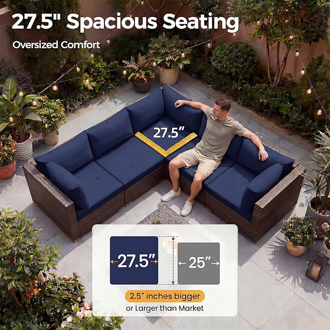 NICESOUL Modern Outdoor Patio Sectional Sofa Set with Firepit Natural Gas/Propane, 29.3'' High Back Wicker Conversation Set, 10 Seats Large Deep Seating Furniture, Brown Rattan and Navy Blue Cushion