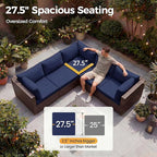NICESOUL 7 Piece Large Size Patio Sectional Furniture Set with Firepit Propane/Natural Gas, 29.3'' High Back Outdoor Sofa Conversation Couch, Tall Wide Deep Sitting, Brown Rattan and Navy Cushion