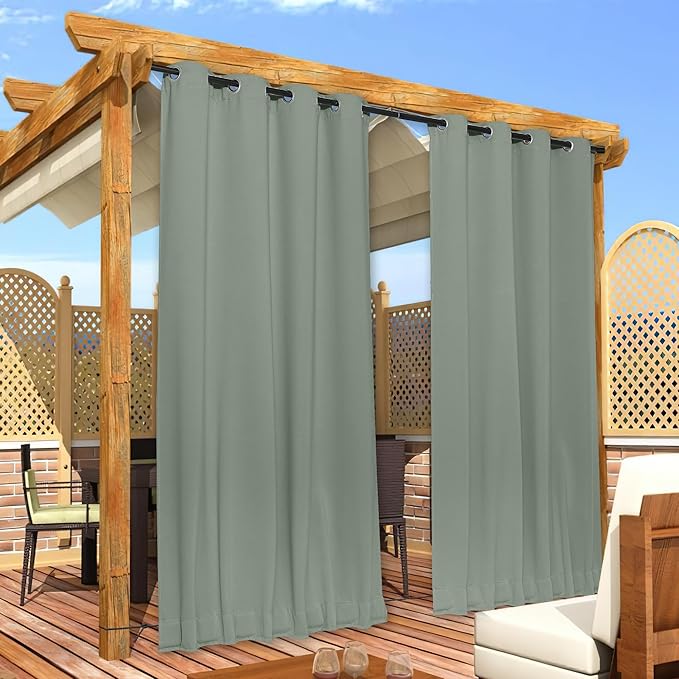 NICETOWN 2 Panels Weighted Blackout Outdoor Curtains Patio Waterproof, Thermal Insulated Top & Bottom Grommet & Back Tab Wind-Break Drapes Privacy for Pergola with Rope, W52 x L95, Sage Green