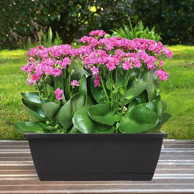 8pcs Window Box Planter,17 Inches Flower Window Boxes,Rectangle Planters Box with Drainage Holes and Trays, Plastic Vegetable Planters for Windowsill Patio Garden Home Decor Porch Yard (Black)