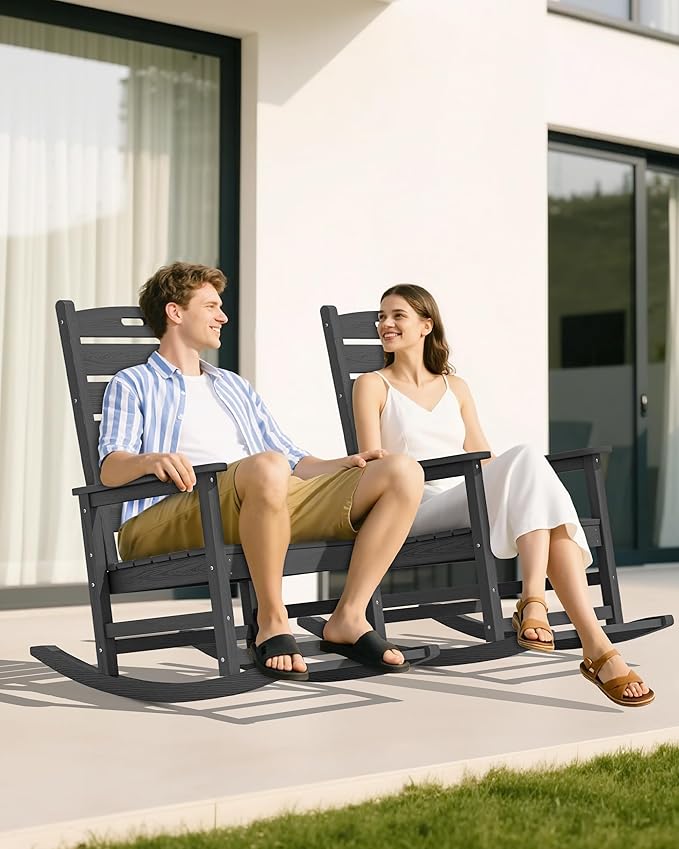 SERWALL Outdoor Rocking Chair Set of 2, Oversized Rocking Chair with Footboard for Adults, HDPE All Weather Resistant Rocking Chairs for Patio, 350lbs Weight Capacity, Gray