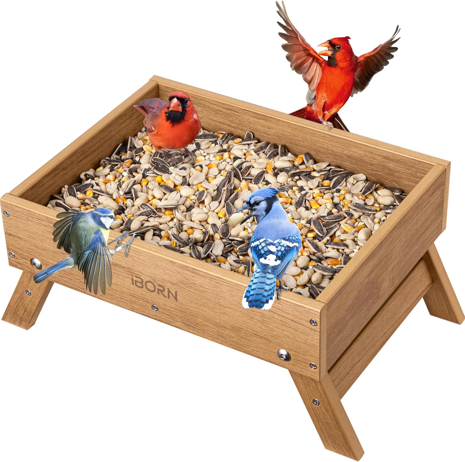 iBorn Ground Bird Feeder, Bird & Squirrel Platform Feeder for Outdoors, WPC Recycled Plastic, 3LB Large Capacity, Raw