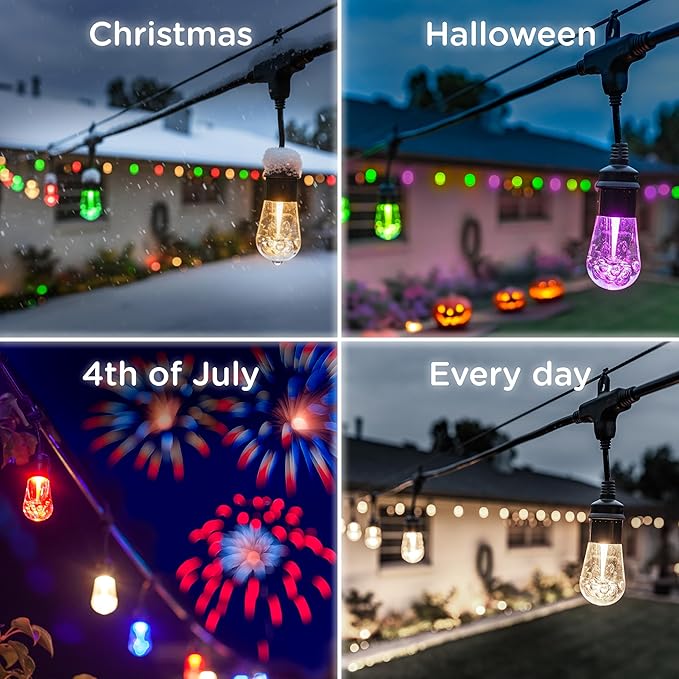 Enbrighten Vintage Outdoor String Lights, 48ft, 24 RGB Acrylic Bulbs, Weatherproof, RF Remote Control, Perfect for Holidays, Gameday, Parties, and More, 37790