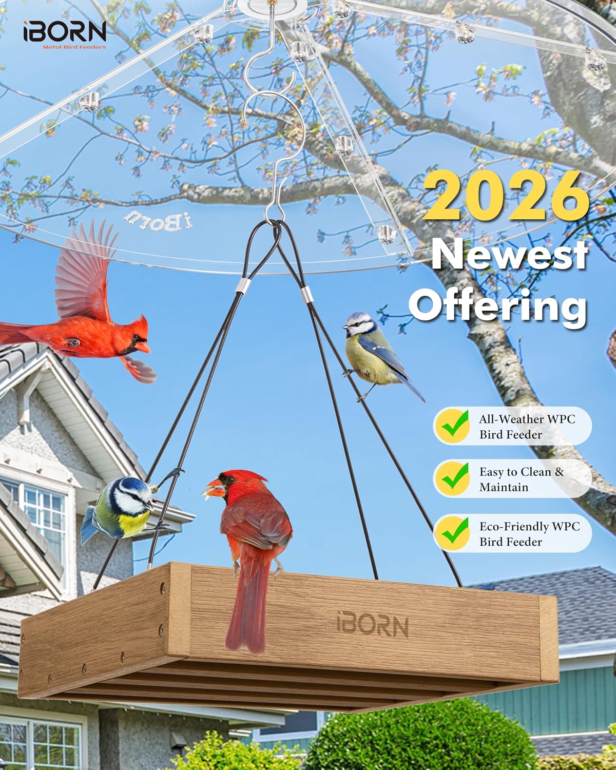 iBorn Platform Bird Feeder Tray Bird Feeders for Outdoors Hanging for Outside Flat Birdfeeder Tray with Large Capacity 3LBS, WPC Recycled Plastic & Cedar Look, Waterproof, 10.6"x10.6", Raw