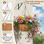12 inch Metal Hanging Baskets for Plants Outdoor 4 Pack Round Metal Wire Hanging Basket Planter with Coco Fiber Liners Chain Round Wire Plant Holder for Garden, Patio, Deck, Outdoor(Grid)