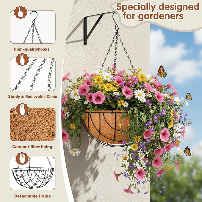 12 inch Metal Hanging Baskets for Plants Outdoor 4 Pack Round Metal Wire Hanging Basket Planter with Coco Fiber Liners Chain Round Wire Plant Holder for Garden, Patio, Deck, Outdoor(Grid)