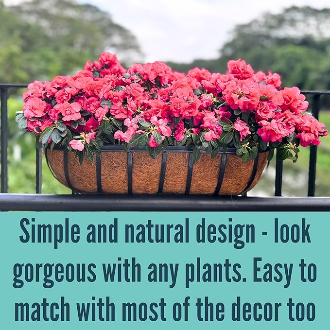 LaLaGreen Deck Railing Planter Boxes for Plants (24 Inch, 6 Pack) Metal Wall Planters for Outdoor Plants, Black Window Flower Boxes Deck Railings with Coco Liner Fence Balcony Patio Porch Over Rail
