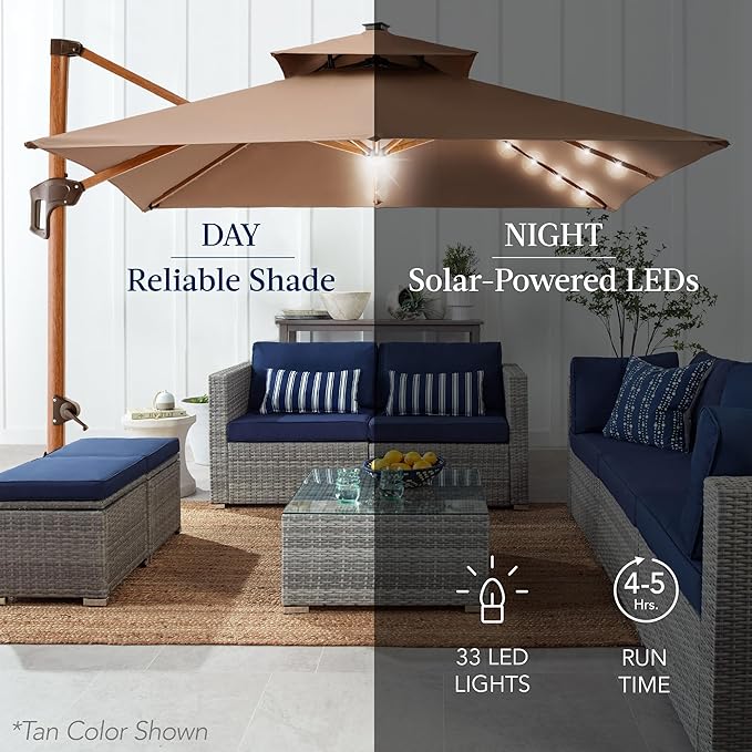 Best Choice Products 10ft Square Cantilever Patio Umbrella w/Base Included, Woodgrain Pattern Pole & Solar LED Lights, 360-Rotation, Offset Hanging Outdoor Shade - Cerulean