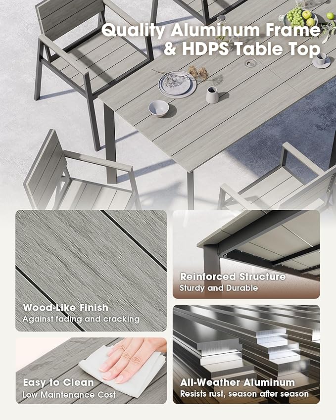 Outdoor Patio Dining Set for 6, Aluminum 7 Piece HDPS Patio Table and Chairs Set with Umbrella Hole, Modren Patio Furniture Set, Patio Dining Table and 6 Chairs (Classic Gray)