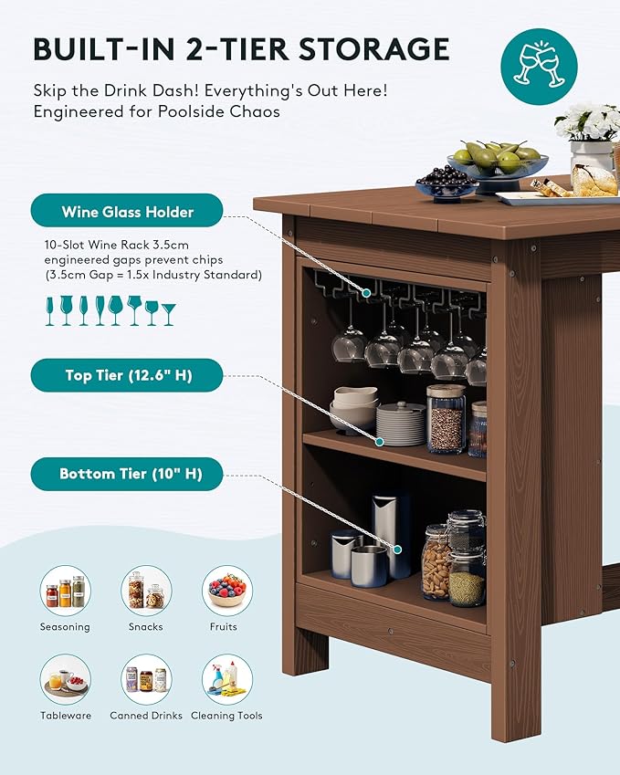 SERWALL Outdoor Bar Table, All Weather HDPE 36" Counter Height Dining Table with Storage and Wine Rack for Patio, Garden, Backyard, Balcony, Poolside, Brown