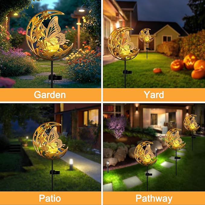 ShangTianFeng Butterfly Lights Outdoor Decor - Moon & Bird SolaGardenLights Waterproof, Auto On/Off Pathway Lighting for Yard/Lawn/Patio, Handcrafted Metal Solar-Stake-Lights for Outside Decorations