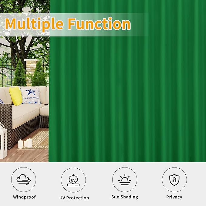 Easy-Going Outdoor Patio Curtains Detachable Tab Top Windproof Weatherproof Curtain for Cabana, Porch, Pergola and Gazebo, Tab Bottom Drape, 2 Panels, 110W x 96L inch, Green