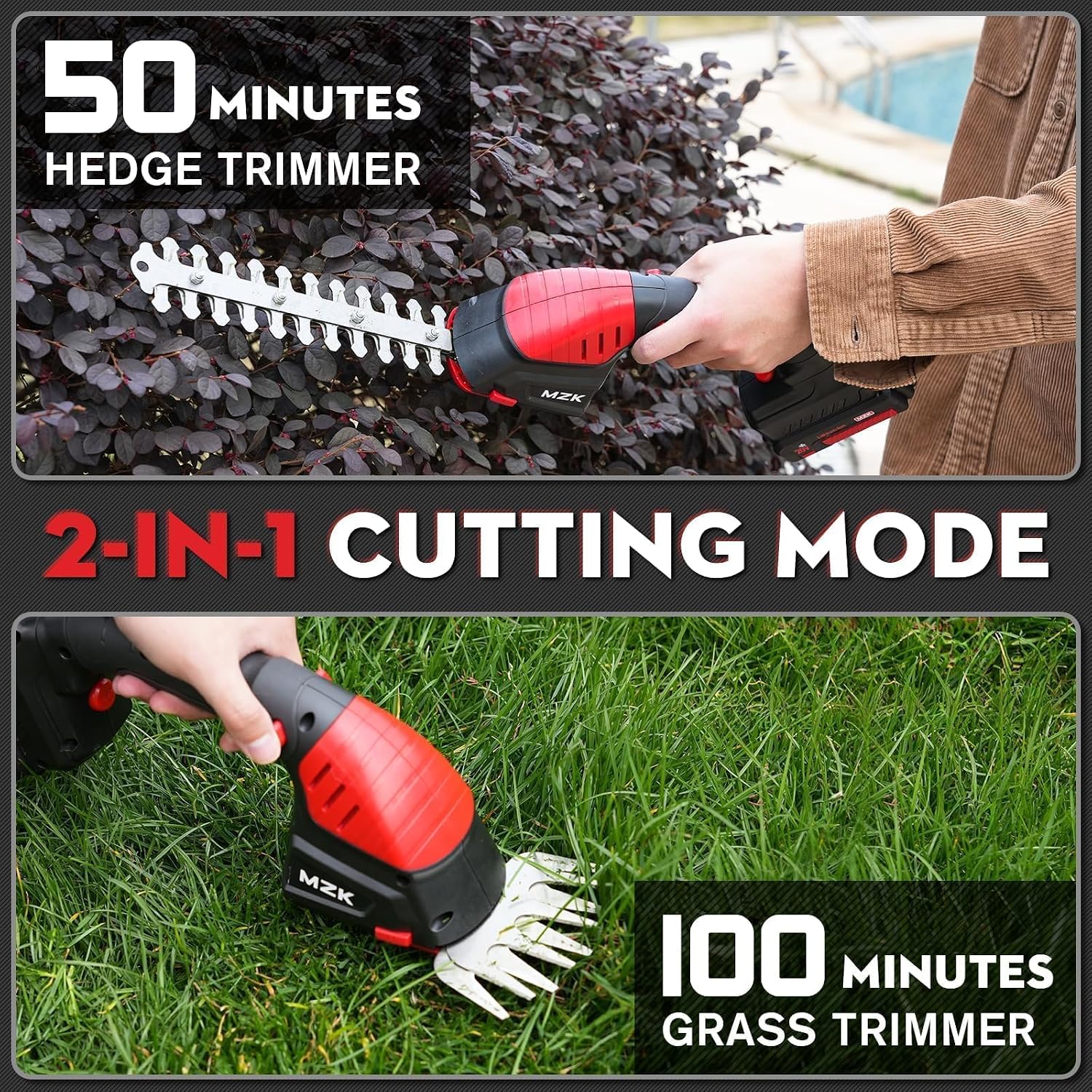MZK 20V 2-in-1 Pole Hedge Trimmer & Grass Shear, 13-Foot Reach | Multi-angle cordless trimmer with extension pole for hedges, grass shearing, shrubs, and yard care.