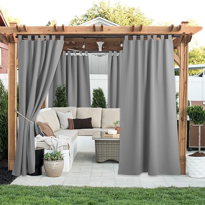 NICETOWN 2 Pieces Outdoor Curtainss for Patio Waterproof 95 inch Length, Sticky Tab Top Thermal Insulated Blackout Window Treatment Dividers Protect Privacy for Cabana/Arbor, W52 x L95, Silver Grey