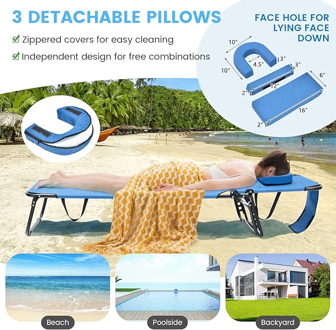 GYMAX Tanning Chair, 350lbs Beach Lounge Chair with Face Hole, Washable Pillow & Carry Strap, Adjustable Folding Chaise Lounge, Layout Lounger for Outside, Patio, Poolside, Lawn (2, Blue)