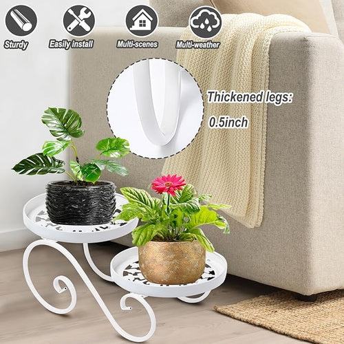 2 Tier White Plant Stand, Metal Flower Stand Indoor Outdoor, Anti-Rust Iron Plant Shelf, Round Flower Pot Stands for Multiple Plants, Display Rack Potted Plant Holders for Garden Home Decor