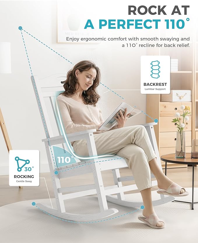 Ciokea Oversized Outdoor Rocking Chairs Set of 2, 380lbs Heavy-Duty Large Patio Rocker, High Back Cozy Porch Chairs, Weather Resistant Patio Rocking Chairs for Outside, Fire Pit, Deck, White