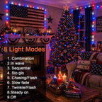 2 Pack 100 LED 38.4FT Red White and Blue Lights Battery Operated, 8 Modes with Timer, Patriotic Indoor/Outdoor Party Decor for Memorial Day & Independence Day 4th of July Decor