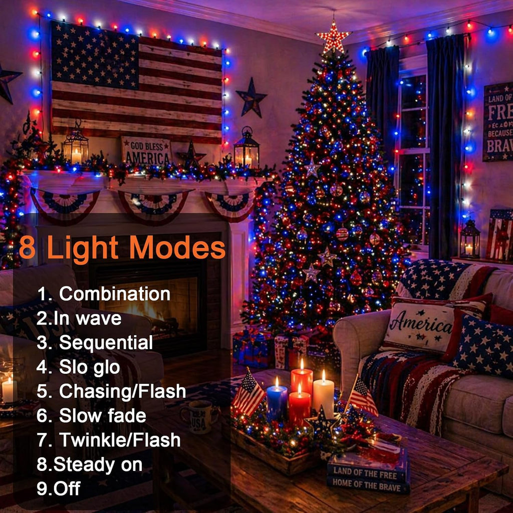 2 Pack 100 LED 38.4FT Red White and Blue Lights Battery Operated, 8 Modes with Timer, Patriotic Indoor/Outdoor Party Decor for Memorial Day & Independence Day 4th of July Decor