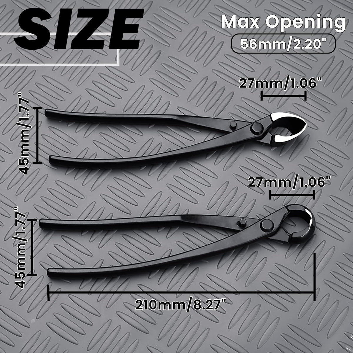 bonsai tool set - 8" concave cutters and showing dimensions