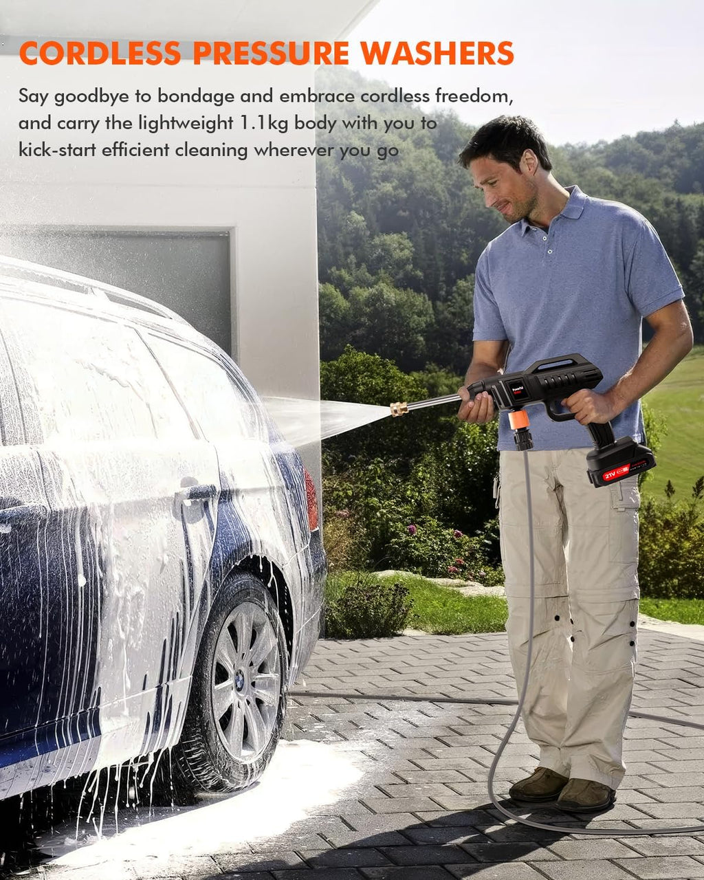 21v cordless pressure washer with 2 * 2ah shown in use