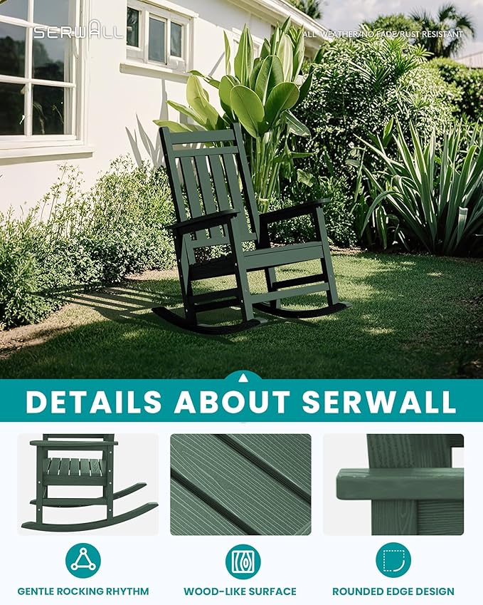 SERWALL Oversized Outdoor Rocking Chair Set of 2, HDPE Rocker for Adults, Patio Rocking Chairs for Porch, Green