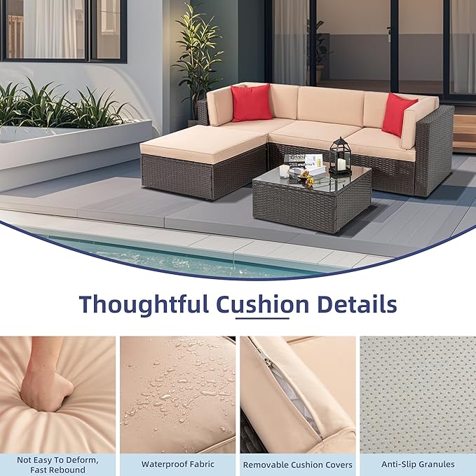 Vongrasig 5 Piece Patio Furniture Sets, All-Weather PE Rattan Wicker Outdoor Sectional Couch, Small Patio Conversation Set with Glass Table for Garden Pool, Beige