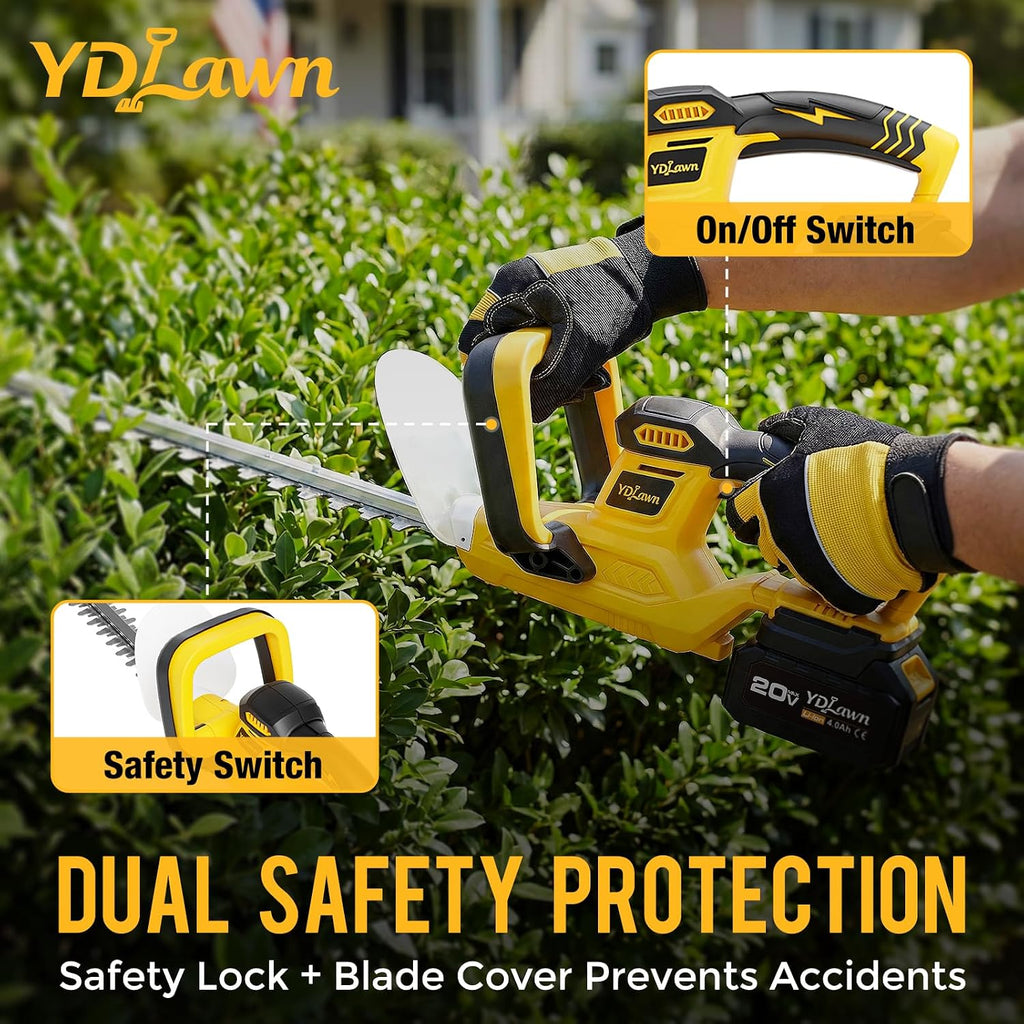 20v cordless hedge trimmer, 22-inch blade, 2 x showing dimensions