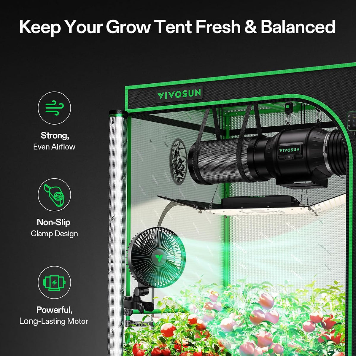 vivosun aerowave a6 grow tent clip fan, 6" shown in use