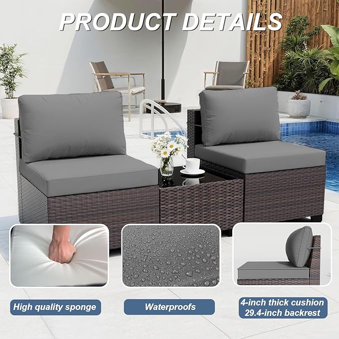 ALAULM Patio Furniture Set with Fire Pit Table 55000 BTU, Outdoor Sectional with Wide Seat and Thick Cushion, 8 Piece Wicker Rattan Conversation Set with Coffee Table for Garden, Deck, Grey