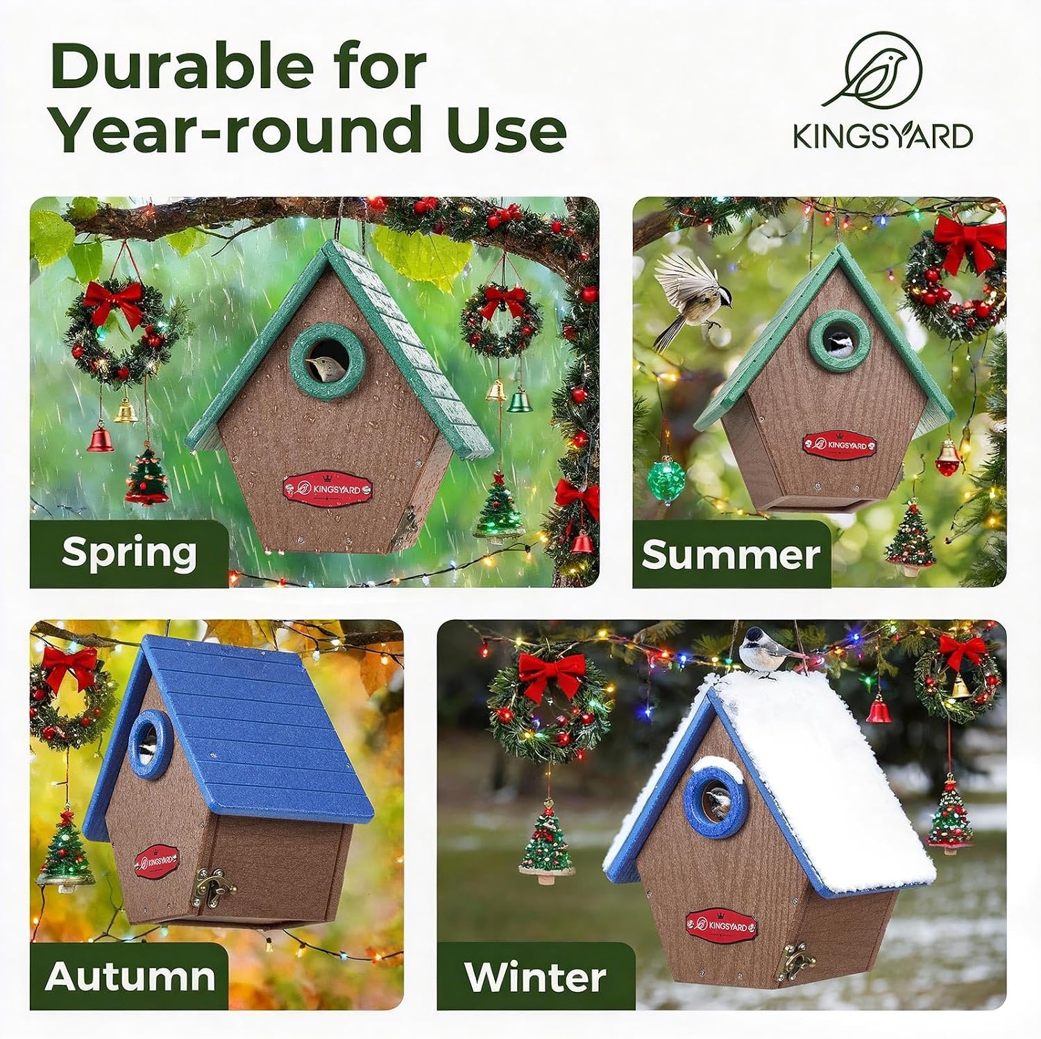 Kingsyard Recycled Plastic Bird House for Outdoors - Hanging Nesting Box with Predator Guard & Air Vents for Wren Finch Chickadee, Green