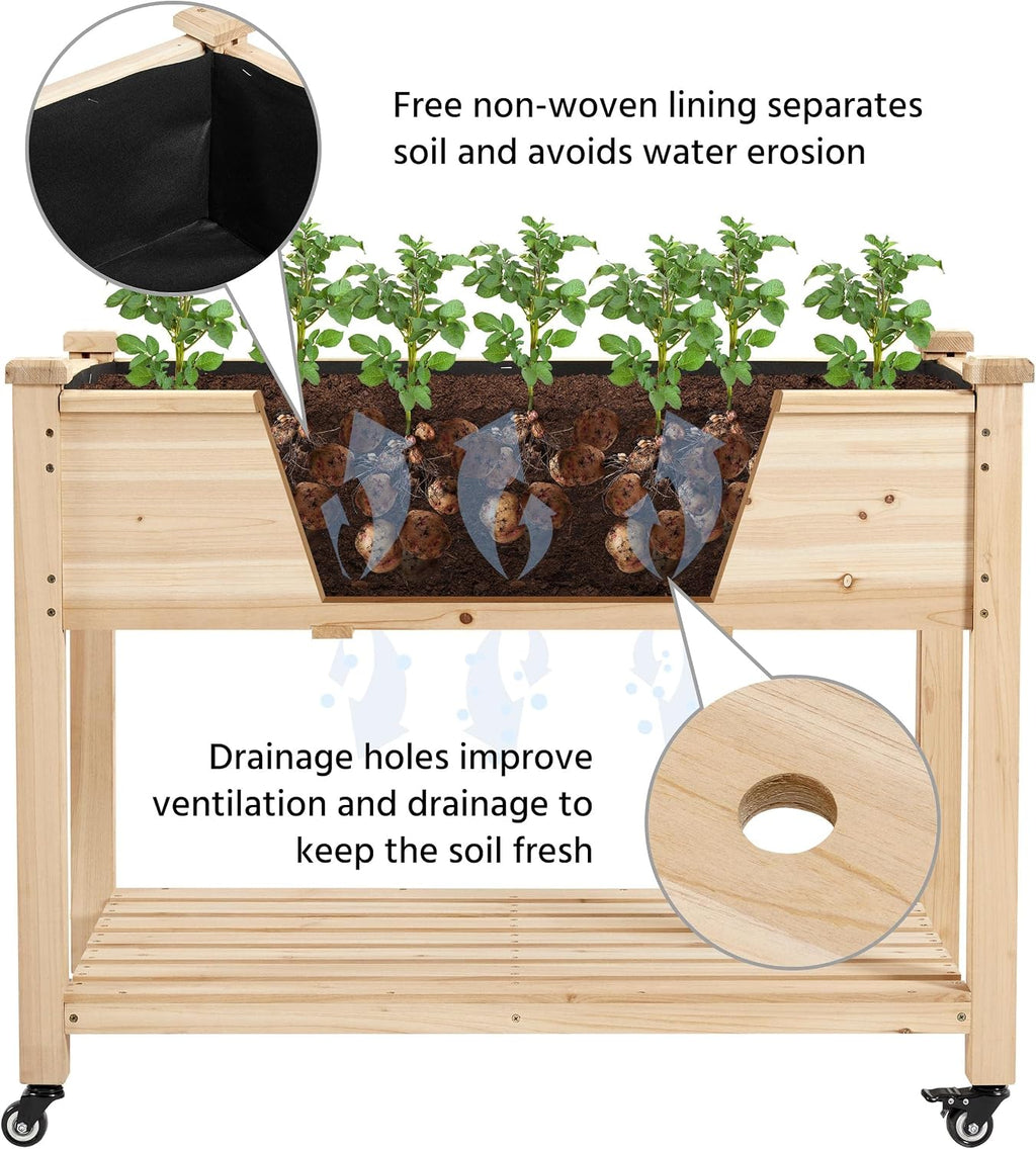 yaheetech raised garden bed with wheels 42x23x33in wooden, close-up detail