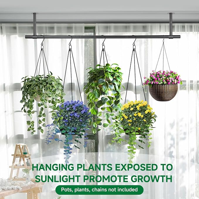 Hanging Planters Rod – Plant Hanger Indoor for Window Ceiling, Hanging Plant Shelf for Wall Planter House Plants, Plant Shelves Metal Holder Bar 31.5In Black (Pots, plants, chains not included)
