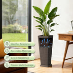 Set of 2 24 Inch Tall Plastic Planters with Drainage Saucers, Rattan Pattern UV Resistant Indoor Outdoor Flower Pots for Patio Garden Balcony Decor, Brown
