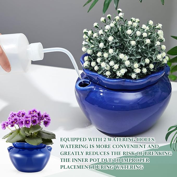 2 Sets African Violet Pots 7.5 Inch Self Watering Pot for Indoor Ceramic Self Watering Planter for Flower Lovers Ideal Plant Pot Thriving Flower Maintenance