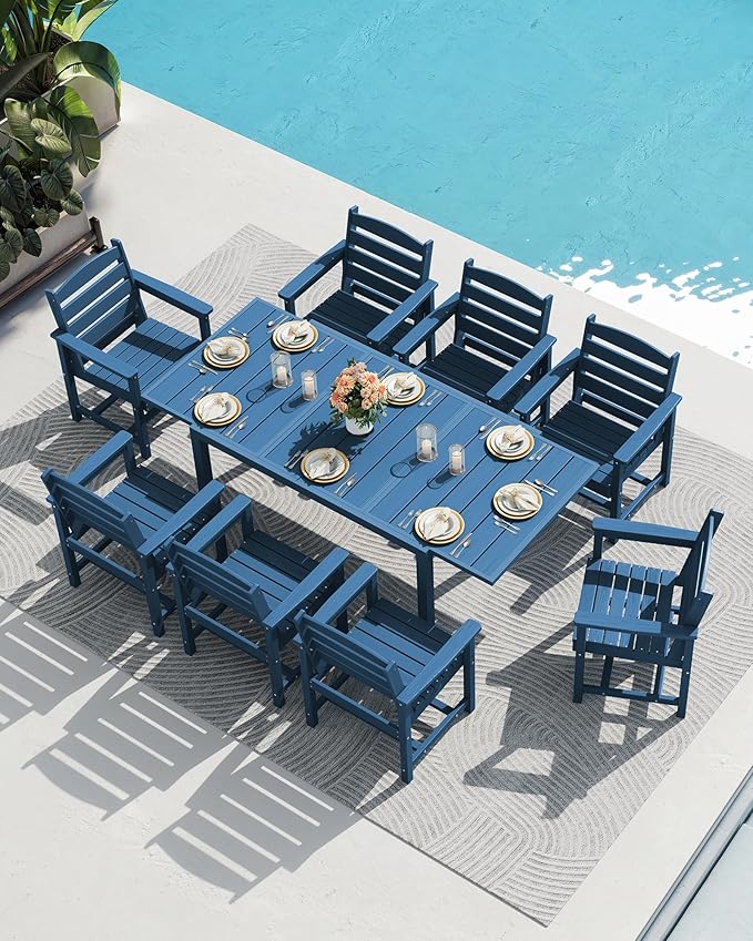 SERWALL 7-Piece Patio Dining Sets, 60" - 83" Expandable Outdoor Dining Table and 6 HDPE Chairs, All Weather HDPE Outdoor Furniture Set for Backyard, Garden, Blue