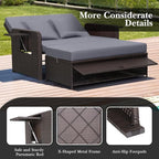 LDAILY Moccha Outdoor Daybed, Wicker Loveseat Sofa Set with 4-Postion Adjustable Backrest, Storage Ottoman, Cushions, Rattan Double Bed Lounger, Patio Furniture Set (Gray)