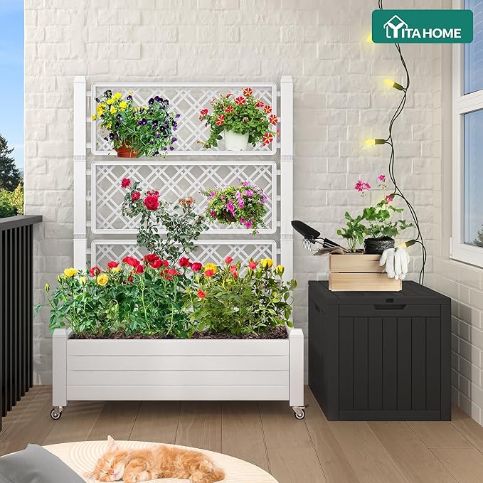 YITAHOME 3.6x1.5x5 FT Planter Box Trellis with Wheels, Large Outdoor Plastic Raised Garden Bed with Drain Plug for Climbing Plants, Grayish-White