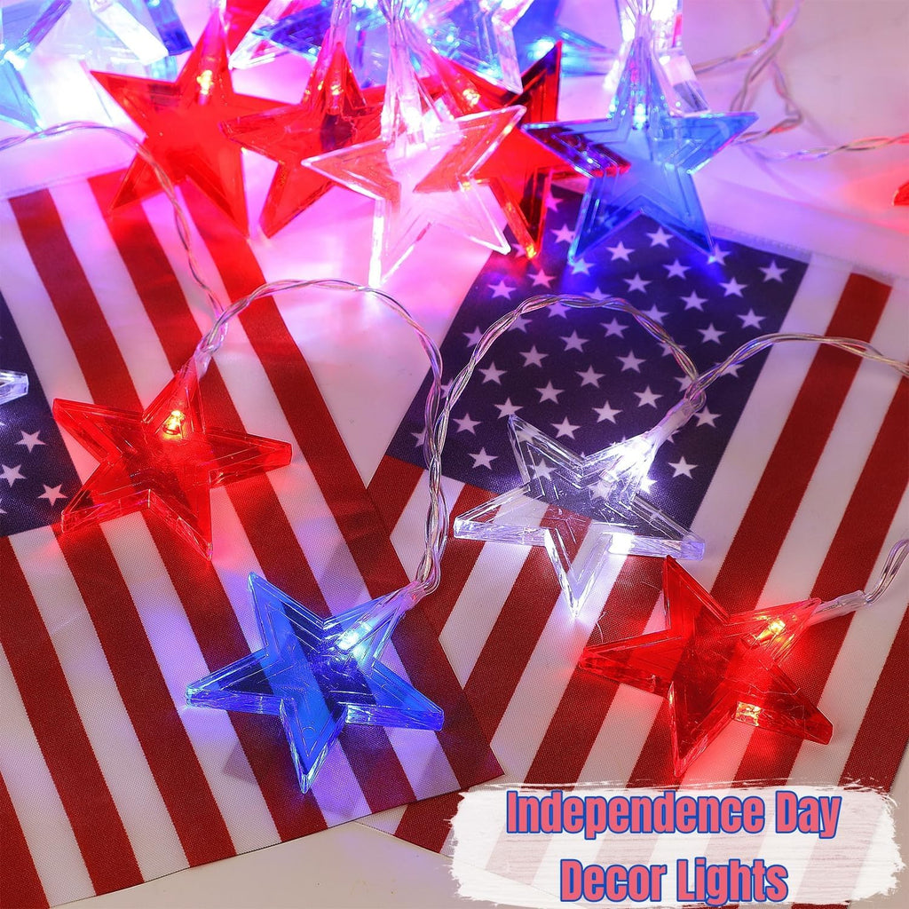July 4th Red Blue and White Star Lights, 40LED 19FT Patriotic String Lights with Stars Battery Operated, 8 Lighting Modes & Timer, Waterproof Outdoor Independence Day Memorial Day Holiday Party Decor